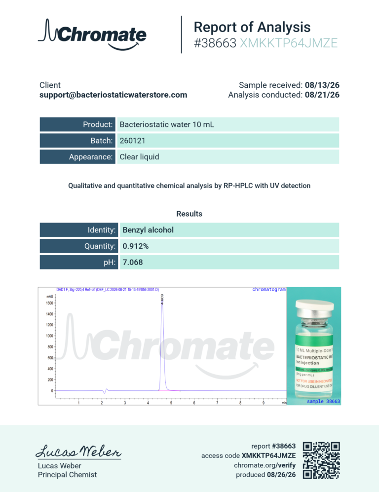 Bacteriostatic Water Store Certificate Of Analysis